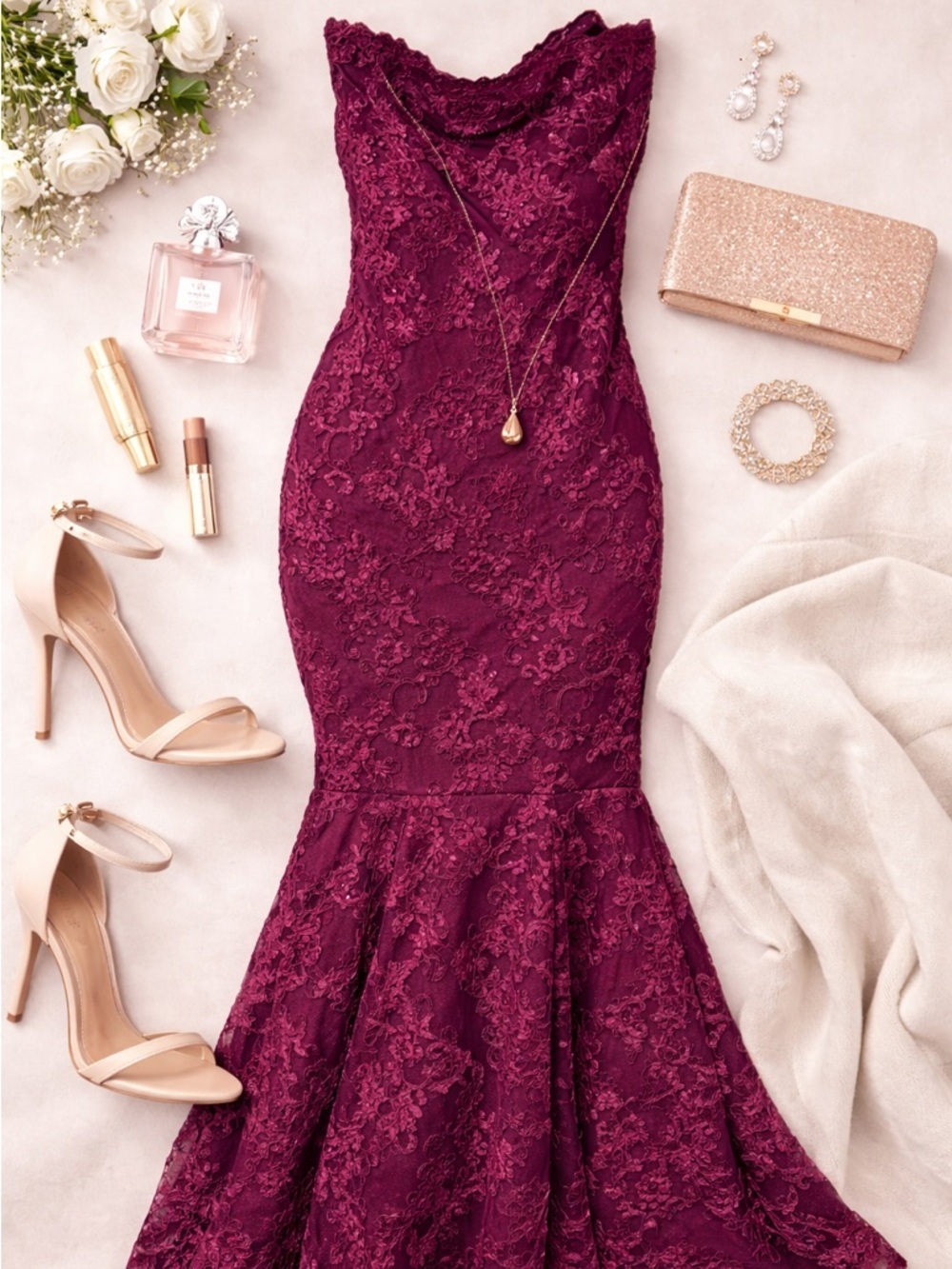 Fashion Nova Burgundy Lace Mermaid Gown Size XL Strapless Formal NWT